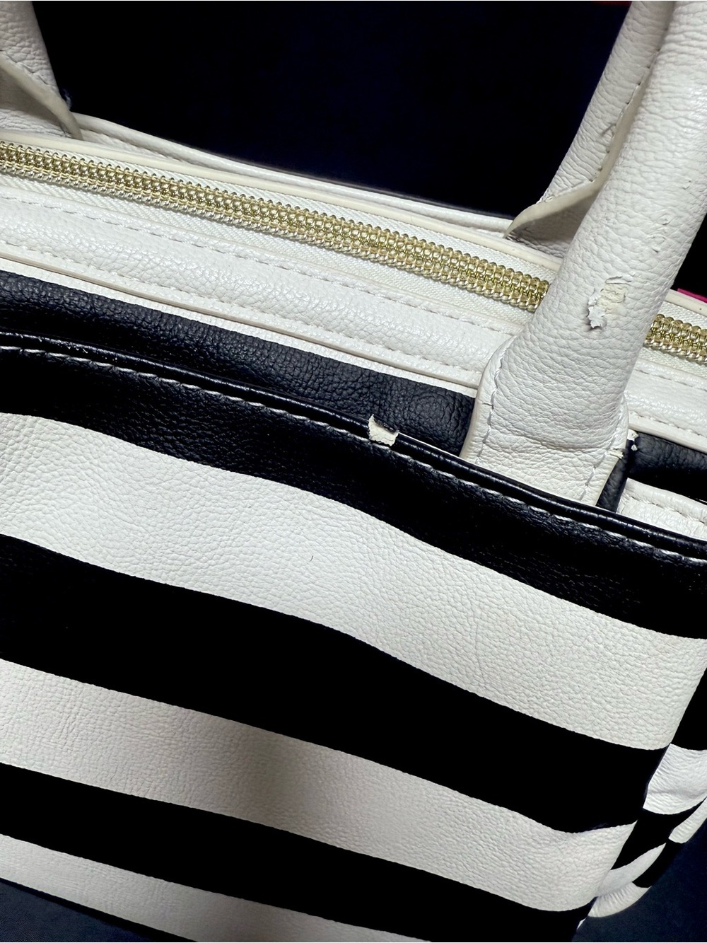 Betsey Johnson White & Black Stripe Satchel with Pink Bow Accent - Picture 3 of 10